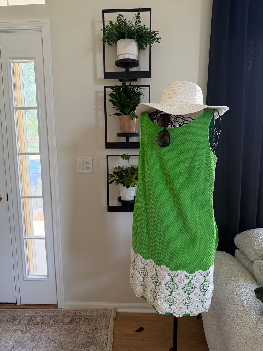 Lilly Pulitzer Green Sleeveless Shift Dress with White Crochet Hem
